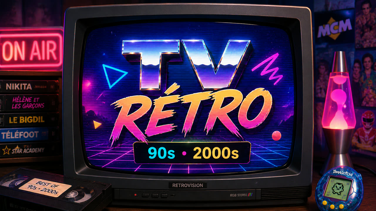 La télé des années 90 en direct : un poste CRT avec les VHS du Bigdil, d'Hélène et les garçons et de Téléfoot