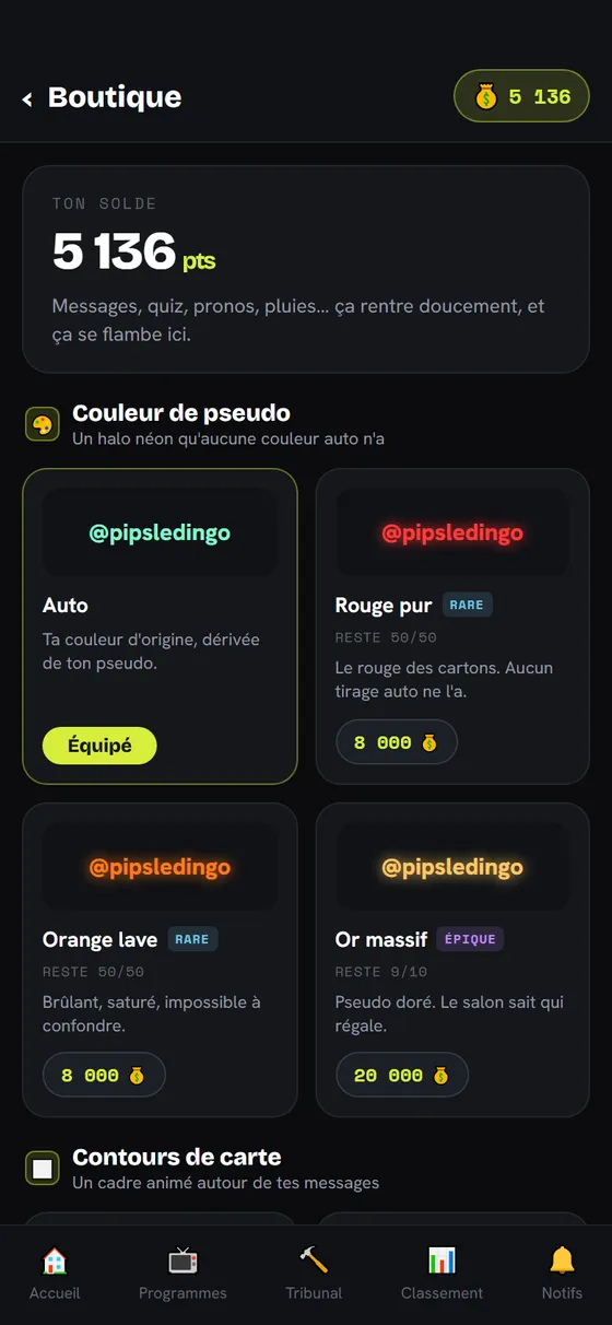 La boutique de points wazap : couleurs de pseudo et contours de carte