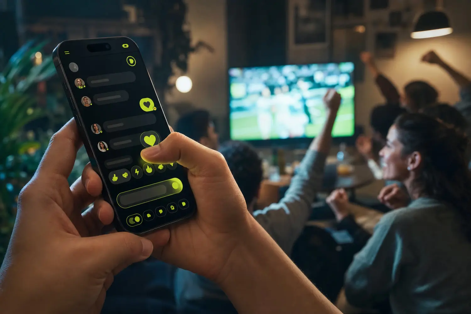 Des amis regardent un match à la télé pendant qu'une main tient le tchat wazap en direct sur son téléphone
