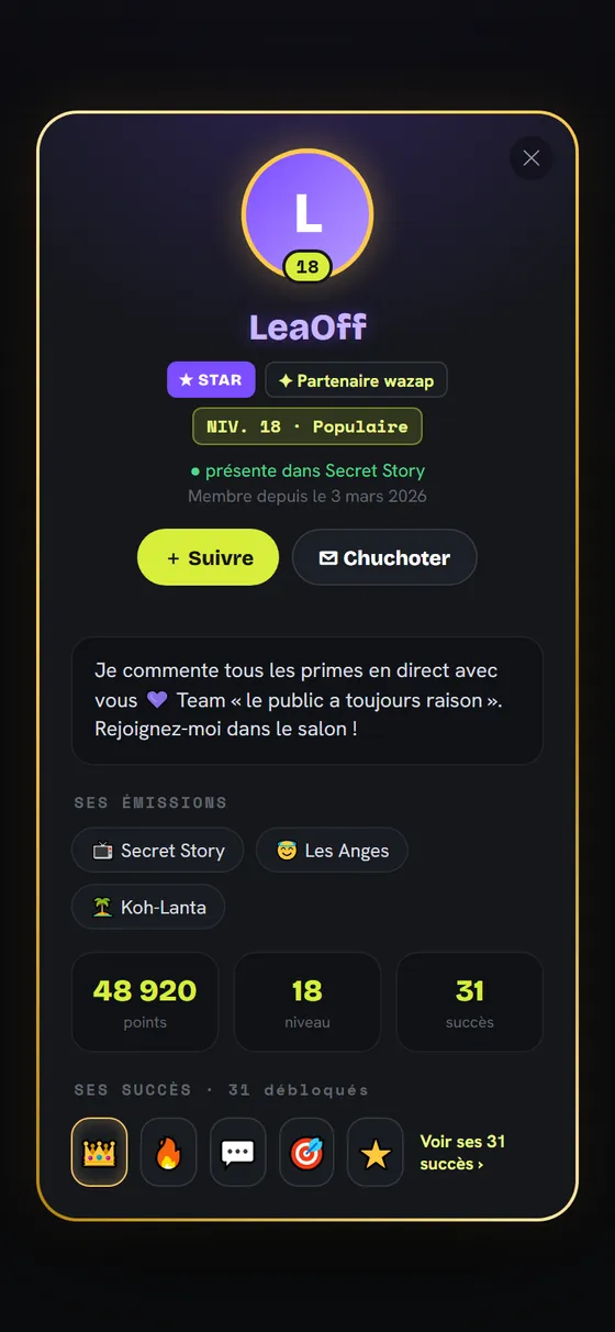 La carte de profil wazap avec niveau, succès et badges
