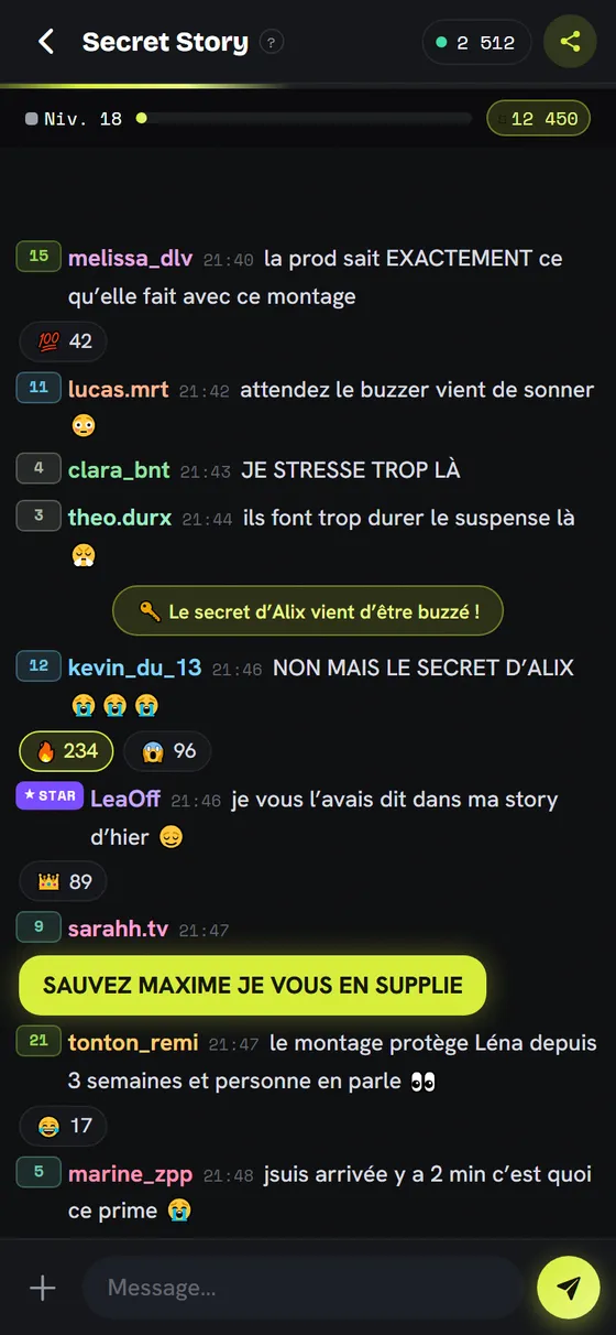 Le salon wazap Secret Story en direct : messages, réactions et niveaux des téléspectateurs