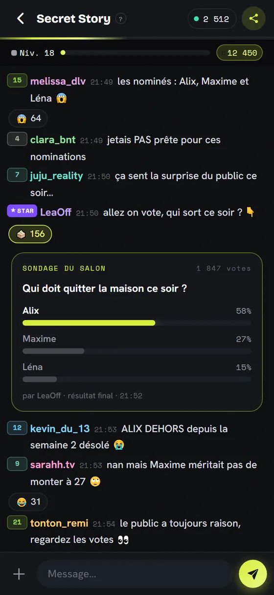 Un sondage en direct dans un salon wazap, résultats en temps réel